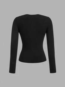 SHEIN EZwear 3 件套女士黑色圆领休闲修身长袖 T 恤套装，适合春秋季节 - 黑色 - 查看 6