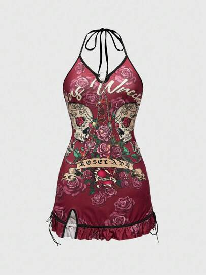 ROMWE Avant Y2K Vintage Skeleton Rose Print Bodycon Cami Dress