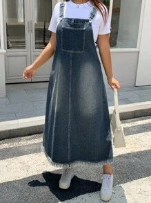 Dazy Plus Dark Wash Distressed Denim Pinafore Maxi A-Line Dress, All Season