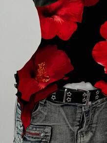 SHEIN EZwear Blusa con estampado de malla, sexy, con cuello de halter y espalda descubierta con lazada para mujeres - Negro - Ver 3