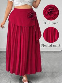 SHEIN Unity 大码女式优雅纯色3D花卉高腰褶皱A字长裙 - 酒紅色 - 查看 3