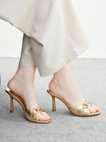 CUCCOO BIZCHIC Giày cao gót đế xuồng PU ánh kim màu vàng cho nữ, giày mules mũi tròn trang trí ánh kim thời trang quyến rũ - Vàng - Xem 5