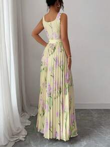 Elenzga 方领腰部收紧褶裥下摆郁金香印花连衣裙