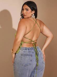 SHEIN BAE Top de tirantes finos con textura jacquard de color verde sólido para mujer de talla grande, para vacaciones, top de jacquard sin espalda con lazo delantero, para fiesta de cumpleaños, otoño, Halloween, conciertos, salir, formal