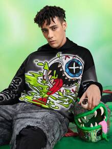 MADBALLS X SHEIN Men's Letter & Cartoon Graphic Casual Hoodie - Black - View 6