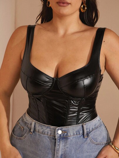 SHEIN BAE Plus Size Women's Summer/Autumn PU Camisole Bodysuit With Cup Structure/ Plus Size Bodysuit/ Plus Size Leather Bodysuit/ Bodysuits For Women Plus/ Plus Size Body Suit/Fall /Autumn/Fall Clothes For Women/Halloween/Christmas Women's Clothing/Elegant Party Corset/Fall Wedding Guest Bodysuit For Women/Evening Bodysuit Chic Wedding/Party /New Fall Fashion Women/Plus Size/Going Out/Formal Dress Women/Birthday Bodysuit For Women/Black Bodysuit
