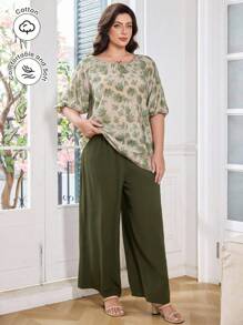 Lacomfia Conjunto de 2 peças plus size primavera/verão, gola redonda, mistura de algodão, estampado, solto, casual e confortável - Verde Azeitona - Ver 1