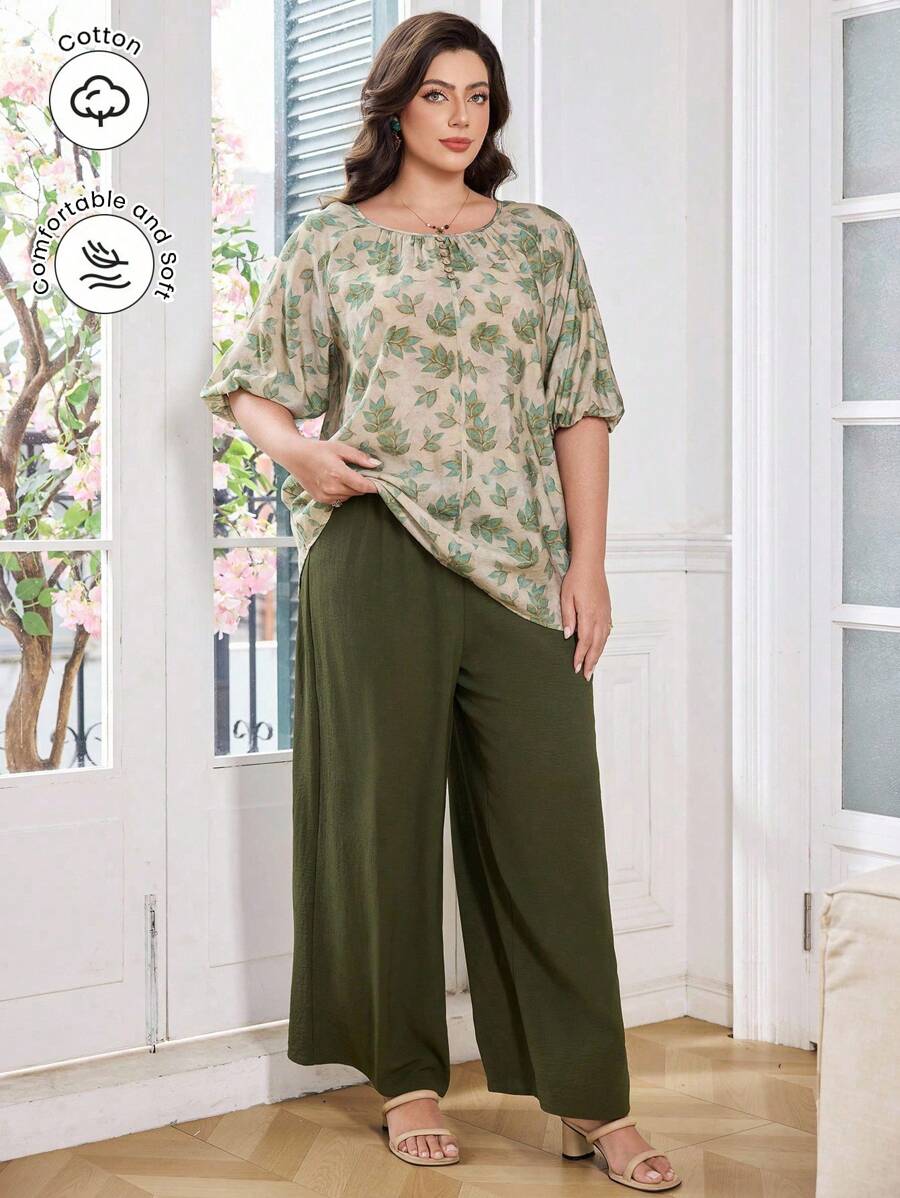 Lacomfia Conjunto de 2 peças plus size primavera/verão, gola redonda, mistura de algodão, estampado, solto, casual e confortável - Verde Azeitona - Ver 1