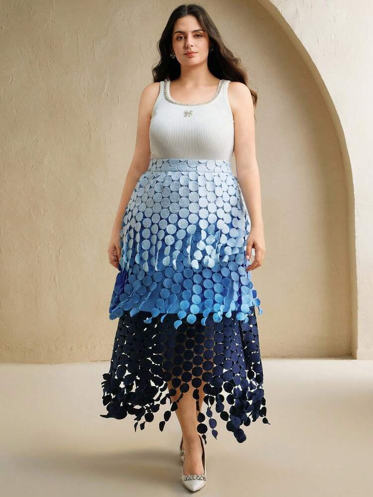 Ladies' Plus Size Spring/Summer Polka Dot Tassel Romantic And Stylish Blue Multi-Color Skirt