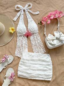 SHEIN x Eduarda Gutierrez Soleia 女士优雅白色花卉纹理针织露背系带褶饰迷你裙套装，适合节日、下午茶、婚礼、派对、海滩、春夏假期、游轮、音乐节、波西米亚风度假 - 白色 - 查看 5