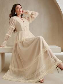 Anewsta Robe maxi élégante à col V avec appliqué pour femmes