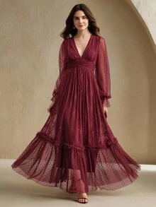 Anewsta Đầm dài tay bèo nhún cổ chữ V lãng mạn, chấm bi, lưới chắp vá, ren dành cho nữ nhân dịp Giáng sinh và năm mới - Màu Đỏ Sâu - Xem 4