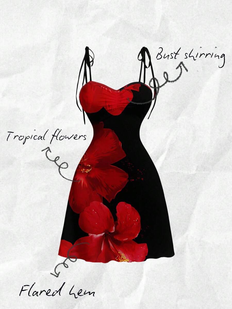 SHEIN MOD Damska elegancka sukienka typu parasolka z wiązaniem na ramionach z przodu i marszczeniami w talii, z nadrukiem kwiatowym, odpowiednia na lato - Wielokolorowe - Zobacz 1