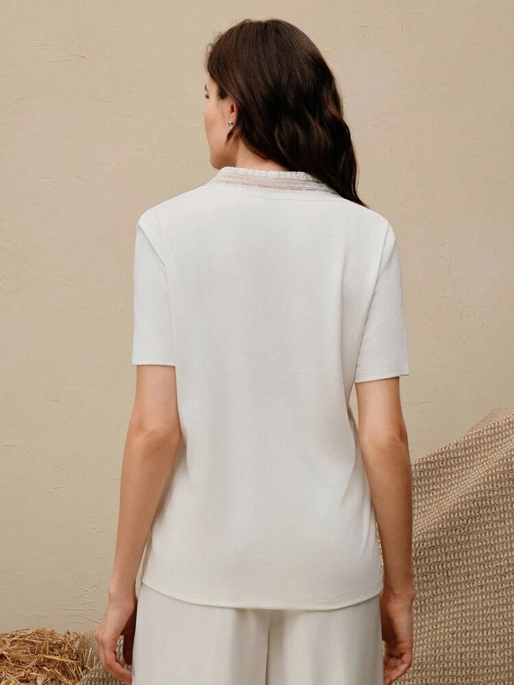 Women's Elegant High-Fashion White Lace Patchwork Short Sleeve T-Shirt, Spring/Summer