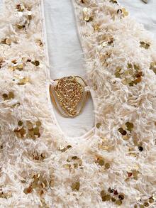 Soleia 女士新款亮片露背系带设计金属装饰迷你连衣裙，适合圣诞节、约会之夜、夜总会、海滩、游轮、下午茶、波西米亚风、波西米亚风、度假 - 杏色 - 查看 5