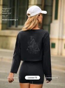 GLOWMODE X Harry Potter Pima Cotton The Deathly Hollows Lightweight Soft Stretchy Relaxed Fit Cropped Graphic Crewneck T-Shirt Daily Casual Wear - Iron Gray - View 2