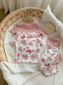 女婴 4 件套蝴蝶图案圆领荷叶边短袖上衣和裤子柔软舒适睡衣套装 - 淺粉色 - 查看 2