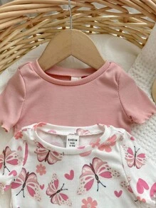 女婴 4 件套蝴蝶图案圆领荷叶边短袖上衣和裤子柔软舒适睡衣套装 - 淺粉色 - 查看 3