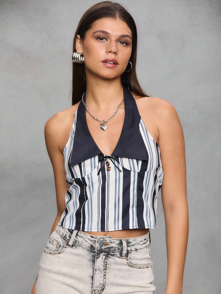 TypaGal Women's Blue And White Stripe Halter Top,Oversized Collar