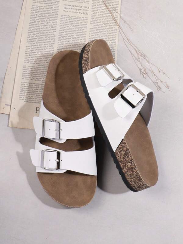 SHUZIA Women Shoes Double Buckle Cork Footbed Slide Sandals Women White Pu Fashion Flat Sandals