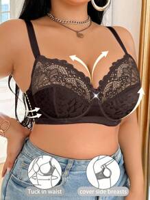1 件大码蕾丝拼布钢圈文胸 - 棕色 - 查看 5