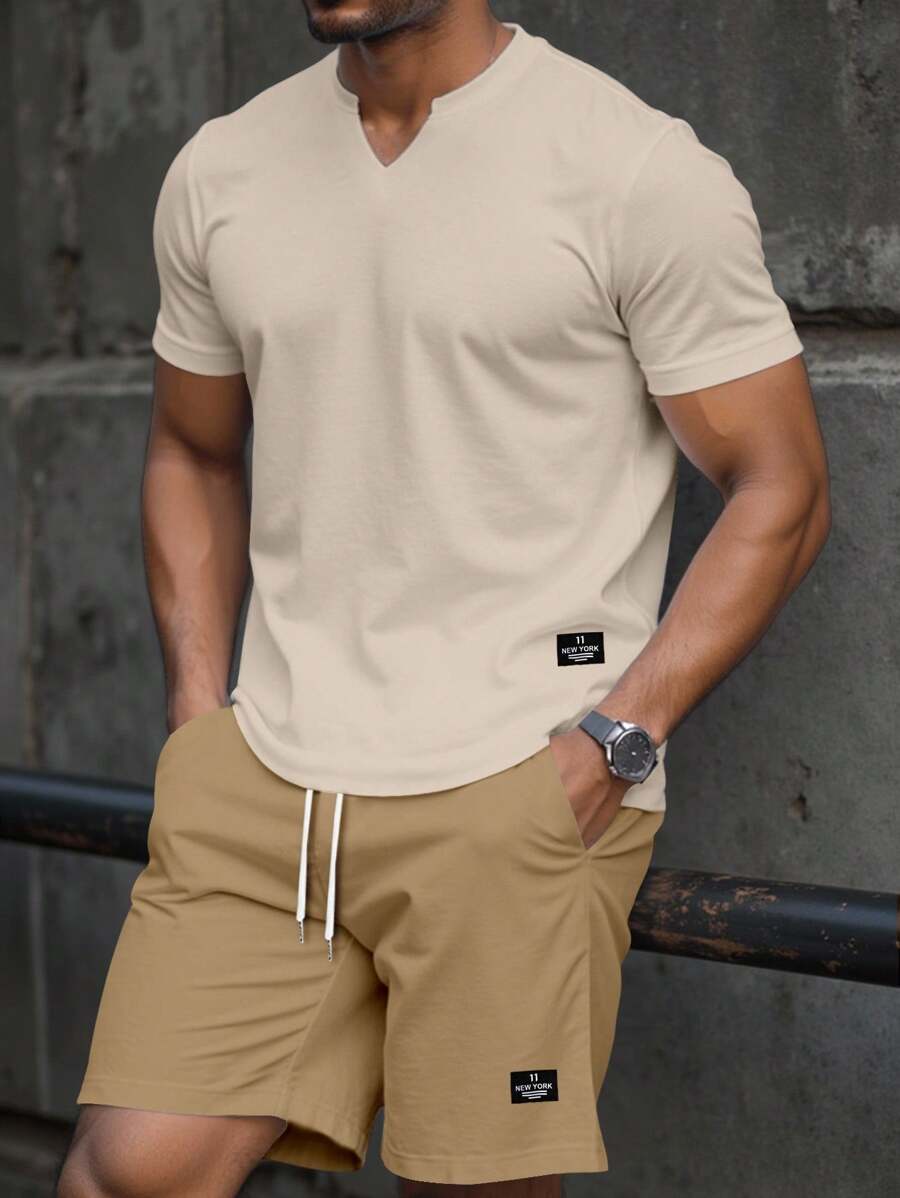 Manfinity Homme 男士休闲图案T恤和短裤套装，夏季