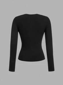SHEIN EZwear 3 件套女士黑色圆领休闲修身长袖 T 恤套装，适合春秋季节 - 黑色 - 查看 10
