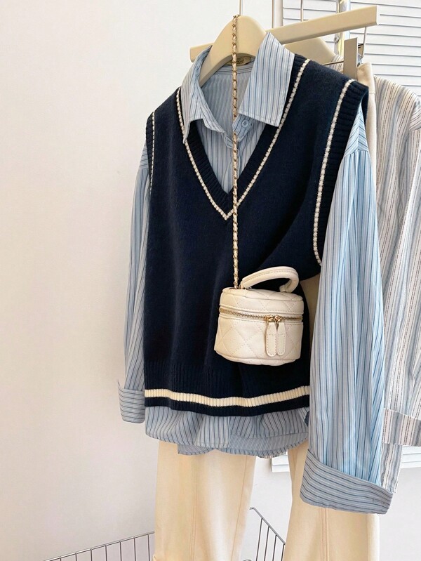 INAWLY Gilet lavorato a maglia con bordi a contrasto, casual da donna