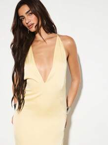 KIZN Elegante vestido de noche largo con espalda descubierta para invitada de boda, con cuello halter, escote en V profundo, largo hasta el suelo, abertura en la pierna, tirantes anudados y cintura recogida - Amarillo - Ver 3