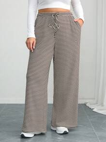SHEIN Tall CURVE Pantalones de pierna ancha con textura de rayas y cordón para tallas grandes - Marrón - Ver 6