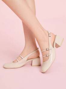 CUCCOO DOLLMOD Décolleté con fibbia in vernice color albicocca, punta quadrata, stile fashion senza tallone, tacco largo, stile romantico da scuola, adatto per primavera/autunno - Albicocca - Visualizzare 3