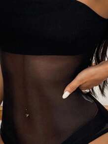 SHEIN EZwear Bộ đồ liền thân lưới mỏng màu đen dành cho nữ - màu đen - Xem 7