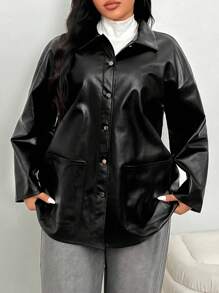 SHEIN EZwear Chaqueta versátil de moda para mujer de talla grande, apta para otoño/invierno, vuelta al colegio, concierto country, rave, cuero sintético, abrigo con botones, salida nocturna, fiesta, estilo old money - Negro - Ver 5