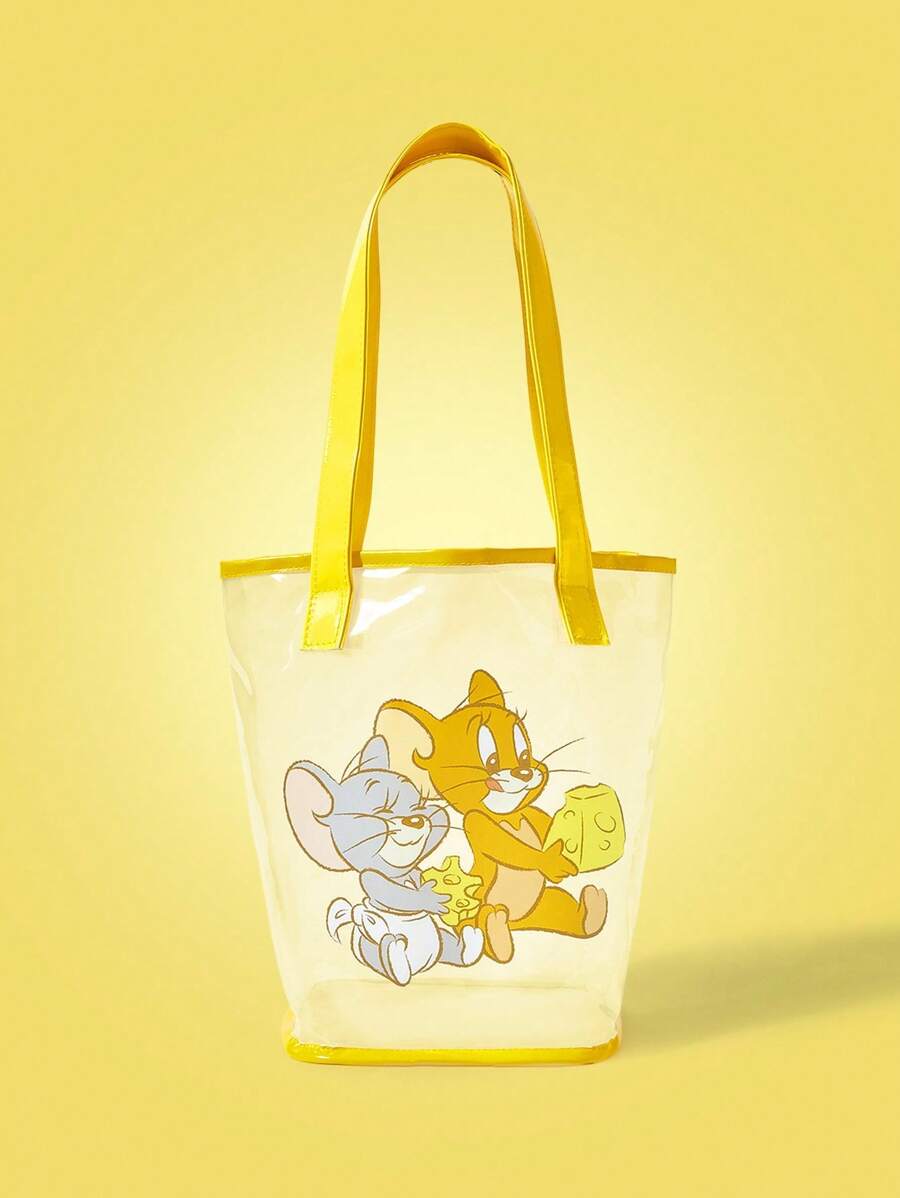TOM & JERRY X SHEIN 女士卡通老鼠和奶酪图案透明顶部提手包，透明包 - 黃色 - 查看 1