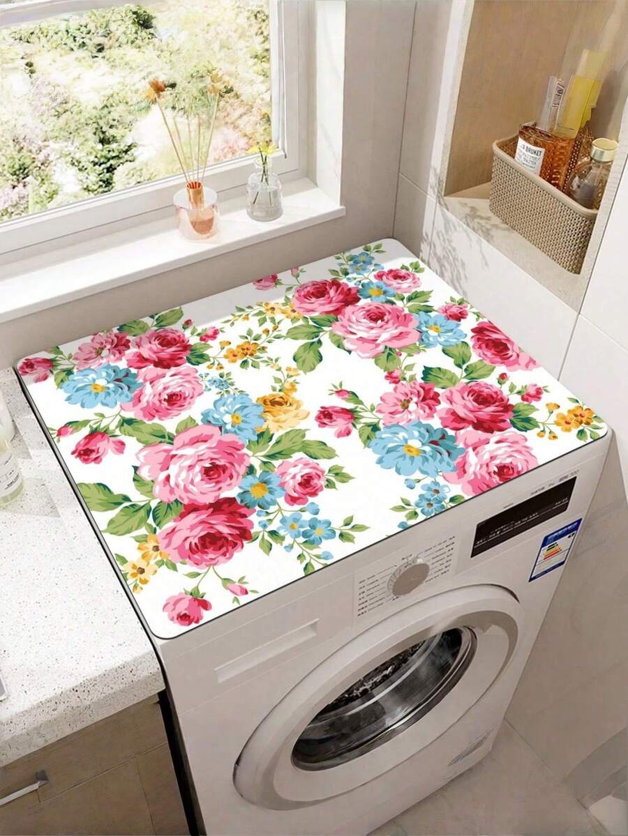 1pc Simple And Fresh Style Plants And Flowers Washing Machine Dust Cover Pad,Countertop Absorbent Table Mat,Absorbent & Quick-Dry Fridge Mat, Microwave Oven Dust Cover,Soft Diatom Mud Drainage Pad,Non-Slip Super Absorbent And Wear-Resistant Dish-Washing Dry Pad, Modern Washing Machine & Dryer Top Cover,Suitable For Laundry Room And Kitchen - Multicolor - View 1