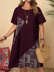 Rusticease Plus Size Geometric Print Round Neck Casual Short Sleeve Dress, Suitable For Summer
