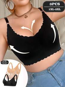 SHEIN 3件套大码女士纯色弧形下摆休闲文胸套装 - 彩色 - 查看 4