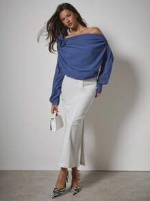 COSMINA Áo cánh ren trang trí hoa 3D trơn màu thanh lịch cho nữ, áo trễ vai, quần áo nữ mùa thu - Màu xanh lam - Xem 2