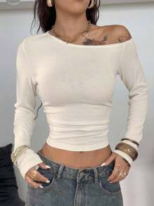 Coolane 女士秋季音乐会狂欢节外出 Y2K 复古针织不对称领口长袖 T 恤 - 白色 - 查看 3