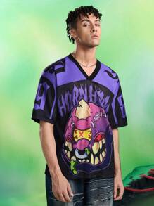 MADBALLS X SHEIN 男士卡通字母印花V领短袖T恤 - 黑色 - 查看 5