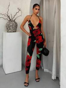 SHEIN SXY 女士优雅花卉印花金属扣吊带上衣和长裤两件套