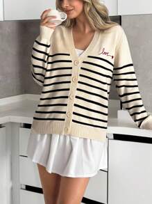 EURMUSE Sweetheart Script Embroidery Striped V-Neck Buttoned Knit Cardigan,Cardigans For Women,Long Cardigans Woman,Petite Cardigans,Cardigans - Black and White - View 4