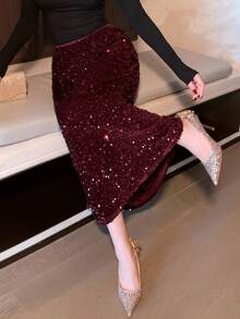 DAZY Autumn Elastic Waist Sequin Mermaid Skirt For Women, Christmas Winter New Years Carnival - Burgundy - View 7