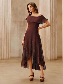 Anewsta Women's Shiny Wavy Ruffle Knit One-Shoulder Dress - Brown - View 5