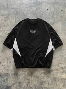 EASEVO 撞色圆领宽松大码男式 T 恤 - 黑色 - 查看 1