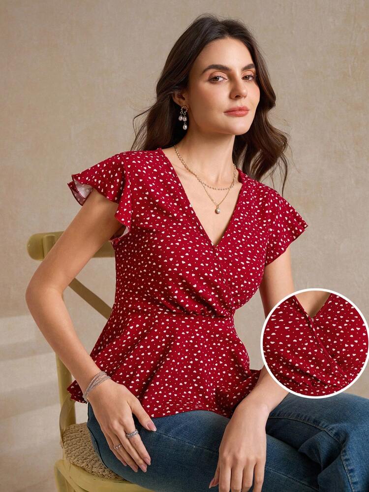 Allover Heart Print Butterfly Sleeve Peplum Tee Fall/Winter Women Clothes Back To School Modest Vintage Old Money Teacher Outfits For Women Airportpolka Dot