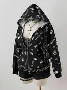 Sweetra Áo khoác thường ngày họa tiết đầu lâu có mũ trùm đầu cá nhân Sunspun cỡ lớn dành cho nữ - Đen và trắng - Xem 6