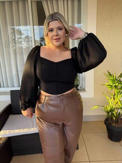 magalhaesca Plus Size Sweetheart Cổ Áo Corset Đèn Lồng Tay Áo