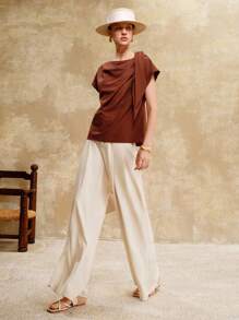 EMERY ROSE 女士梭织面料，褶皱领口，肩部打结设计，日常通勤，精致复古时尚，优雅气质 复古女装，复古女装，教师衬衫，教师衬衫，红棕色上衣 - 棕色 - 查看 1