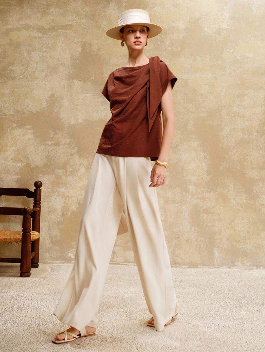 EMERY ROSE 女士梭织面料，褶皱领口，肩部打结设计，日常通勤，精致复古时尚，优雅气质 复古女装，复古女装，教师衬衫，教师衬衫，红棕色上衣 - 棕色 - 查看 1